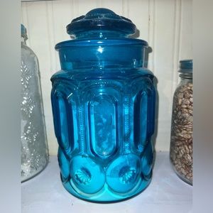 Vintage Antique LE Smith Moon & Stars Blue Glass Apothecary Canister & Lid